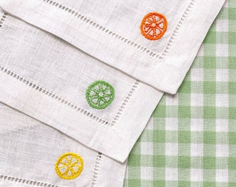 Citrus Hand Embroidered Linen Cocktail Napkins | Set of 4 | Lemon & Lime | Cocktail Bar Decor | Handmade Hostess Gift | Housewarming Gift