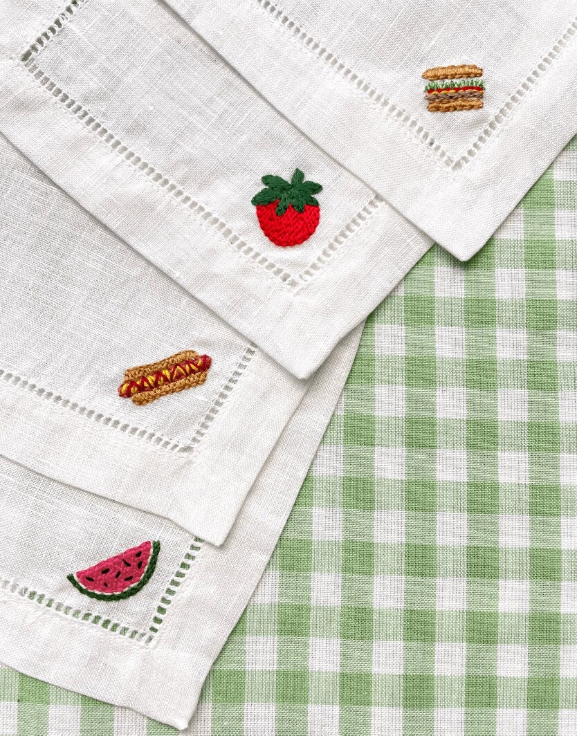 Summer Foods Hand Embroidered Linen Cocktail Napkins | Set of 4 | Housewarming Gift | Hostess Gift | Hot Dog Embroidery