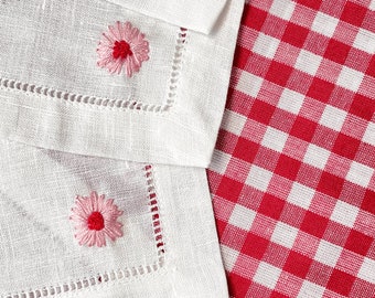 Pink and Red Flower Hand Embroidered Linen Cocktail Napkins | Set of 4 | Whimsical Flowers | Handmade | Hostess Gift | Housewarming Gift