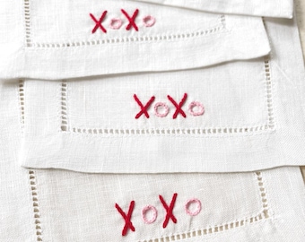 XOXO Linen Cocktail Napkins | Set of 4 | Bar Cart Napkins | Valentine&#39;s Day Gift | Hand Embroidered Gift | Stock the Bar | Gift | Pink & Red