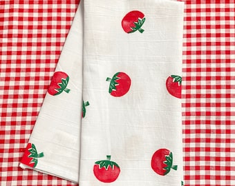 Hand-Stamped Tomato Block Print Tea Towel | Handmade Kitchen Gift