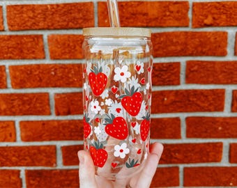 Strawberry Glass Cups with Lid and Straw, Iced Coffee Cup, Summer Glass Tumbler,  Drink Barware, Gift for Christmas
