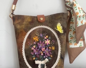 Handmade Embroidered Floral Tote Bag: Boho Cottagecore Purse