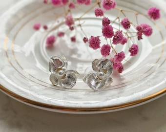 Handmade Silver Orchid Earrings with White Pearl - Floral Jewelry
