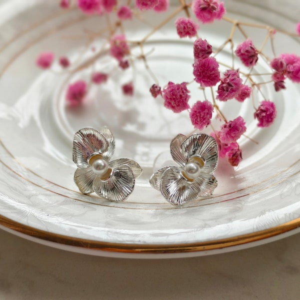 jewelry of orchid plant silver orchid earring for rustic earring with white pearl wedding earring for engagement mom's gift for meeting