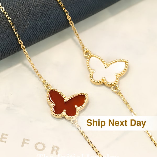 Bracelet papillon en or 14 carats - Design délicat et minimaliste avec incrustation de nacre blanche/agate rouge - Un cadeau d'élégance et de charme