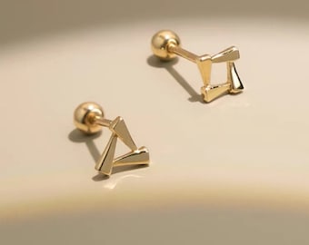 14K Gold Triangle/Square Cartilage Stud Earrings: Dainty and Minimalist Screw Earrings for Women