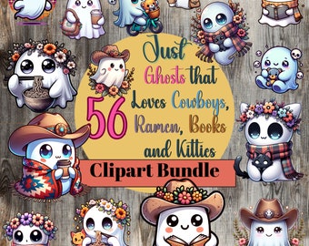 Lindo paquete de imágenes prediseñadas de fantasma bohemio PNG Fantasma vaquero del oeste, lindo paquete de manualidades de Halloween, PNG Fantasma amante de los libros Vaquera, Fantasma boogee PNG