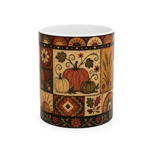 Patchwork Pumpkin Folk Art Mug, Autumn Harvest Ceramic Coffee Cup, Rustic Fall Kitchen Decor, 11oz 15oz