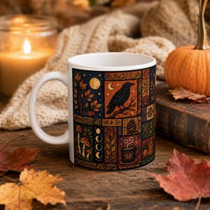 Autumn Harvest Folk Art Mug, Pumpkin Moon Patchwork Ceramic Coffee Cup, Rustic Fall Kitchen Gift, 11oz 15oz