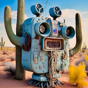 May include: A light blue, mechanical robot with large circular lenses and a rectangular screen. The robot is set against a desert landscape with cacti and yellow desert plants. The robot has a complex design with wires and metal components.