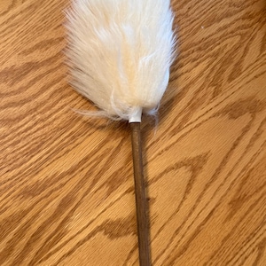 May include: A cream-colored feather duster with a long, dark wooden handle. The duster's head is a fluffy cloud of soft feathers. The handle has a metal ring at the end. The duster is designed for cleaning.