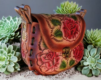 Mexican Leather Crossbody Purse, Made in Mexico, Colorful Red Rose, Leaves