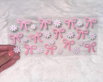 Uv DTF Cute pink coquette style daisy love daisies bow bows hearts 16 oz Cup Wrap | Ready To Apply | No Heat Needed | Waterproof #75