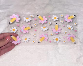 Uv DTF coquette style 16 oz Cup Wrap teachers floral pencil flower daisy | Ready To Apply | No Heat Needed | Waterproof #266