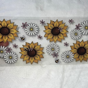 Envoltura para taza de 16 oz con diseño de girasol, abejas, flores florales, lista para aplicar, no necesita calor, impermeable n.° 170