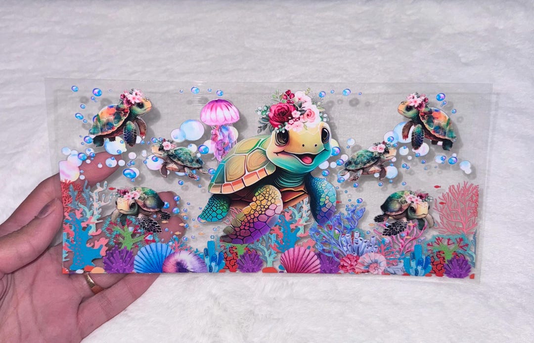 Uv DTF Cute Turtle Under the Sea Ocean Floral Shells Star 3D Realistic ...