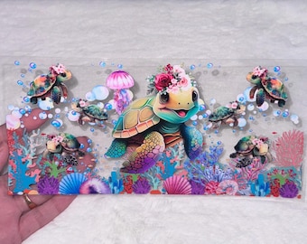 Uv DTF Cute Turtle under the sea ocean Floral shells star 3D realistic looking 16 oz Cup Wrap | Ready To Apply | No Heat Needed #103