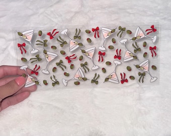 Uv DTF Red bow bows Martini martinis olive olives cute green 16 oz Cup Wrap | Ready To Apply | No Heat Needed | Waterproof #158