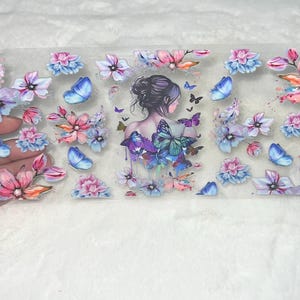 Uv DTF Girl butterfly butterflies colorful floral flowers 16 oz Cup Wrap | Ready To Apply | No Heat Needed | Waterproof #131