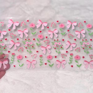 Uv DTF Cute pink coquette style flowers floral bow bows hearts 16 oz Cup Wrap | Ready To Apply | No Heat Needed | Waterproof #87 image 1