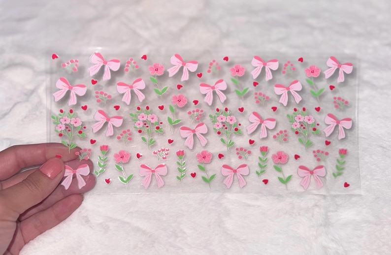 Uv DTF Cute pink coquette style flowers floral bow bows hearts 16 oz Cup Wrap | Ready To Apply | No Heat Needed | Waterproof #87 image 1