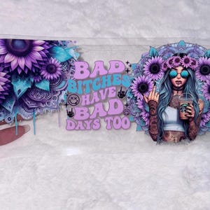 Uv DTF Floral purple retro flowers Sarcasm funny b*tch bad day 16 oz Cup Wrap | Ready To Apply | No Heat Needed | Waterproof #243