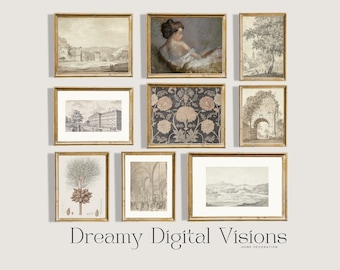Conjunto de arte de pared vintage neutro imprimible, conjunto de 9 impresiones de arte de pared, descarga de arte de pared de granja neutro, arte de pared de estética cottagecore