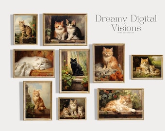 May include: A collection of framed vintage-style cat paintings. The artwork features various breeds of cats in different settings, including outdoors and indoors. The paintings have gold frames and are arranged on a white background. The text "Dreamy Digital Visions" is displayed.