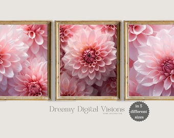 Pink Dahlias Flower Print Set, Set of 3, Flower Printables, Pink Wall Art, Bedroom Home Decor, Printable Art, Flower Gallery Prints