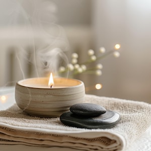 A calming digital image of a ceramic candle bowl with a glowing flame and soft rising smoke resting on folded textured towels beside smooth black spa stones, set against a softly blurred background with warm bokeh lights to evoke a peaceful spa ambience ideal for zen bathroom decor and minimalist wellness artwork.