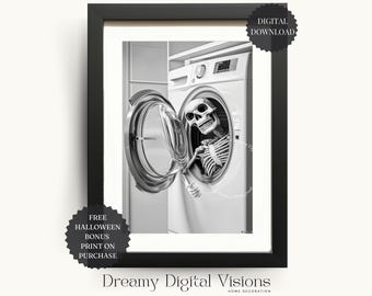 Funny Skeleton Laundry Room Print, Spooky Halloween Wall Art Download