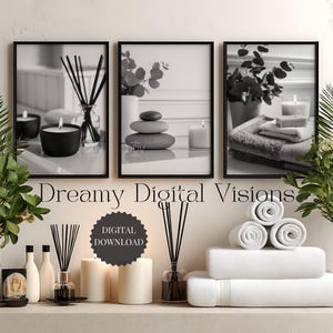 A set of 3 relaxing spa bathroom prints. Featuring minimalist black and white photography, each print showcases a calming scene with candles, towels, and soothing natural elements. Perfect for transforming your bathroom into a tranquil sanctuary or for gifting someone who loves wellness and relaxation