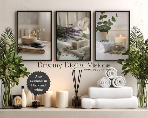 Spa Bathroom Wall Art Set of 3 – Zen Meditation Relaxing Prints, Neutral Spa Decor, Digital Download Bathroom Art, Wellness Home Decor