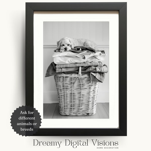 Laundry Room Decor, Cockapoo Puppy Asleep on a Basket of Washing, Laundry Room Print, Utility Room Print, Printable Laundry Home Decor