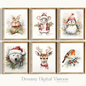 Christmas Animal Wall Art Set, Watercolor Holiday Animal Prints, Woodland Christmas Nursery Decor, Kids Winter Animal Printable Art