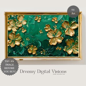May include: Gold and green abstract painting with a floral design. The painting is framed in a gold frame.