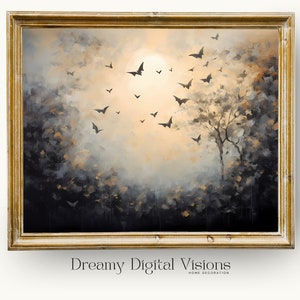 May include: A framed painting of a misty forest scene with a single tree in the center. The sky is a soft yellow with a circle of black butterflies flying around a bright white sun. The text "Dreamy Digital Visions" is below the frame.