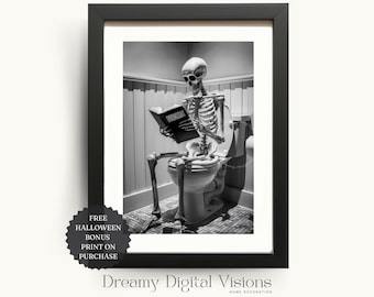 Skeleton on Toilet Bathroom Art Print, Funny Skeleton Print, Goth Bathroom Decor, Toilet Humor, Printable Spooky Skeleton Bathroom Print