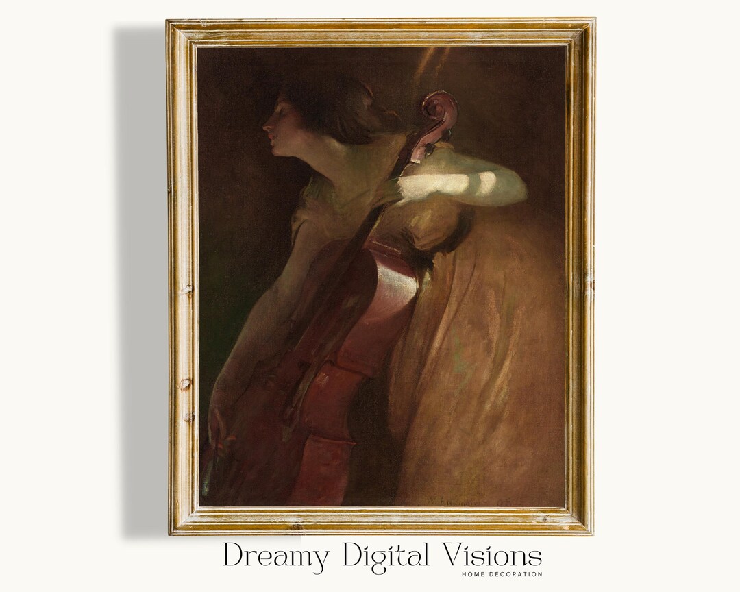 Woman Playing the Cello, Reproduction Vintage Oil Painting Musical ...