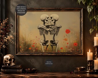 Pareja gótica de esqueletos enamorados, decoración romántica de Halloween con estilo cottagecore, descarga digital.