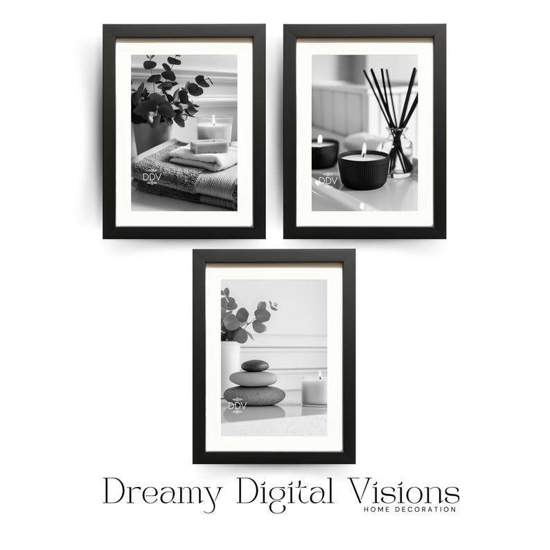 A set of 3 relaxing spa bathroom prints. Featuring minimalist black and white photography, each print showcases a calming scene with candles, towels, and soothing natural elements, displayed on the wall over a bathtub in a modern bathroom setting