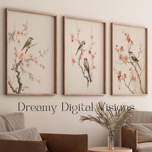 Japanese Wall Decoration, Decorative Cherry Blossom, Digital Oriental Decoration, Feng Shui Decorations, Sumi E  Art, Japanese Bird Art