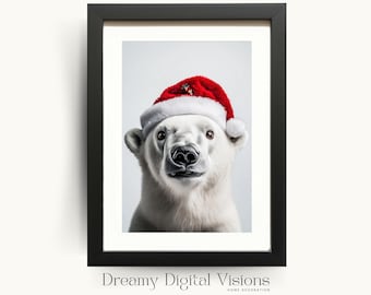 Cute Polar Bear Christmas Wall Art, Adorable Polar Bear Print for Playroom, Christmas Animal Printable, Winter Animal Wall Art, Xmas Decor