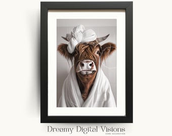 Highland Cow in a Towel Turban, Funny Cow Print Bathroom, Highland Cow Print, Animal Bathroom Art, Humorous Animal Wall Art, Bathroom Photo
