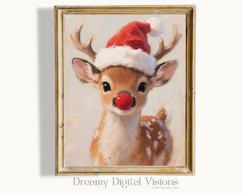 Cute Baby Rudolph the Red-Nosed Reindeer Print, Nursery Christmas Decor Digital Download, Reindeer Christmas Art Print, Christmas Printable