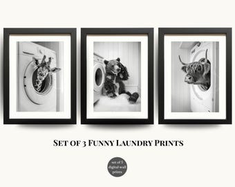 Set of 3 Funny Laundry Room Prints, Animals in Washing Machines, Funny Laundry Room Decor, Printable Country Farmhouse Laundry Room Wall Art