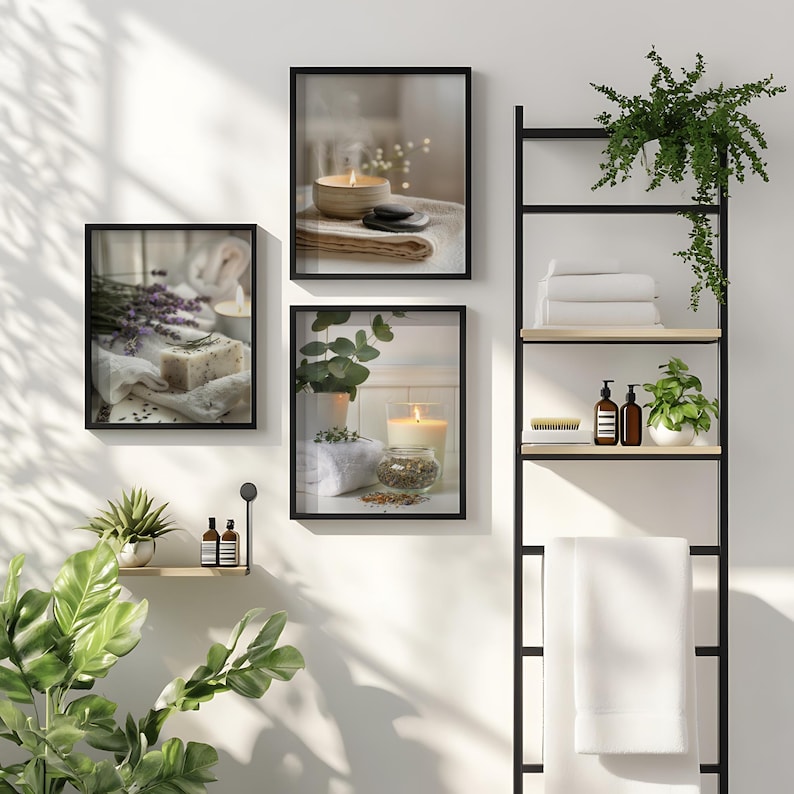 A gallery-style arrangement of spa bathroom digital prints featuring candles, lavender soap, and eucalyptus displayed alongside shelves with towels, plants, and amber bottles, creating a modern zen wall art look.