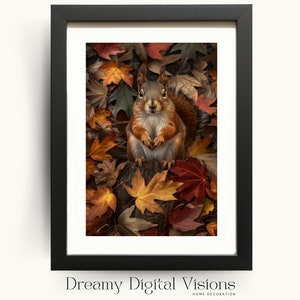 Squirrel in Autumn Leaves Fall Print, Autumn Wall Art, Autumn-Themed Animal Print, Fall Wall Decor, Woodland Animal Print, Digital Download