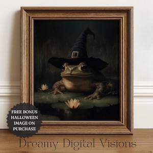 May include: Framed artwork depicting a frog wearing a black witch's hat, set against a dark background. The frog is on a lily pad, with soft lighting. The print includes the text "Dreamy Digital Visions" and a promotional message.